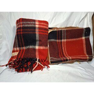 VTG Faribo Wool Blanket Pak-A-Robe Carry Case Red Black Fringe 50" x 52"